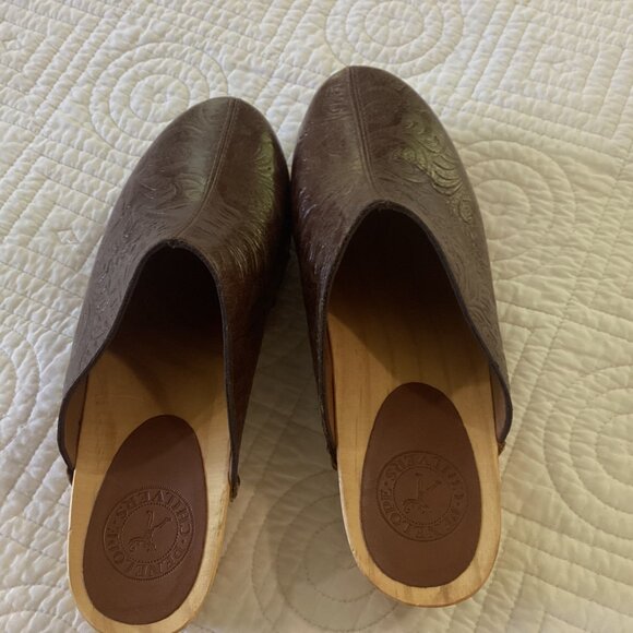 Penelope Chilvers Brown Embossed Leather Wood Women Clogs Shoes Size 37 Spain - Picture 9 of 12